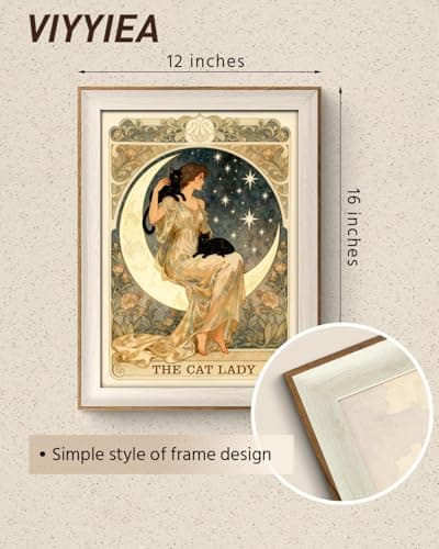 VIYYIEA Cat Lady Vintage Poster Nouveau Framed Wall Art, Canvas Print Waterproof Moon and Stars Aesthetic, Home Decor for Living Room Bedroom Art for Cat Lovers 12x16 Inch — view 4
