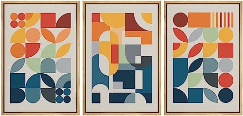 NWT Framed Canvas Print Wall Art Set Mid-Century Modern Colorful Geometric Color Block Abstract Shapes Digital Art Illustrations Modern Art Decorative Minimalist for Bedroom - 24"x36"x3 Natural