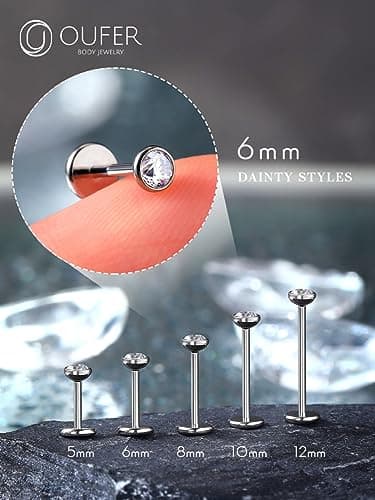 OUFER Nose Rings Studs, Titanium Nose Rings 20G, Nose Studs Threadless 6mm/8mm, Clear CZ Flat Back Nostril Piercing Jewelry for Women and Men — view 2