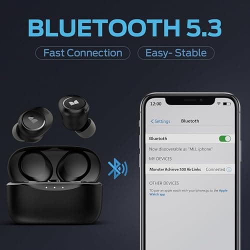 Monster Wireless Earbuds,5.3 Bluetooth in-Ear Headphones Bluetooth Headphones Touch Control with Charging Case, Bluetooth Earbuds,32H Play Black
