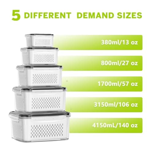 HOMETALL 5 Pack Fruit Storage Containers for Fridge, Plastic Fruit Containers for Fridge with Removable Colanders, Leakproof Fridge Organizers and Storage for Berry Vegetable Salad Lettuce Meat Food — view 2