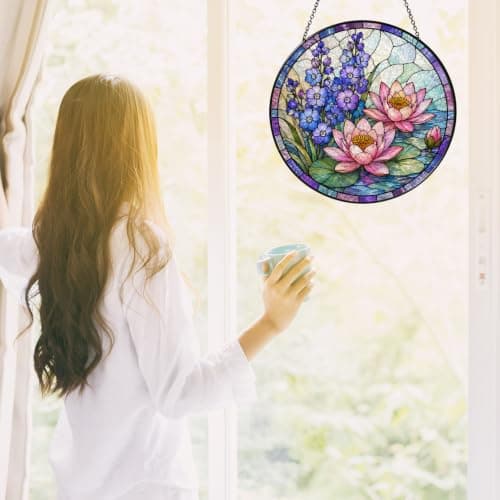 July Birth Flower Stained Glass Suncatcher Window Hanging, Pink Water Lily Sun Catcher for Indoor Window, Birthday Gift for Women Mom Daughter, Floral Glass Decor, 7.87 Inch — view 2