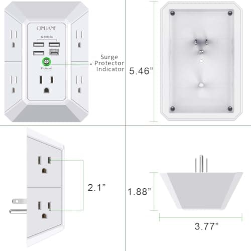 Wall Charger, Surge Protector, QINLIANF 5 Outlet Extender with 4 USB Charging Ports, 3-Sided 1680J Power Strip Multi Plug Adapter Spaced for Home Travel Office — view 6