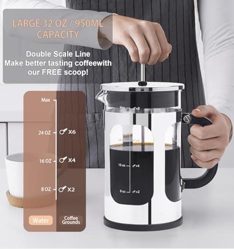 ADAMITA French Press Coffee Maker 8 cups 34 oz 304 Stainless Steel Coffee Press with 4 Filter Screens, Easy Clean Heat Resistant Borosilicate Glass - Free 100% BPA… (Silvery-BO90893-SS, 34 oz)