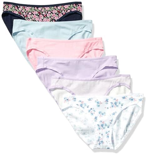 Amazon Essentials Women's 6-Pack Cotton Bikini Underwear, Wildflowers, L