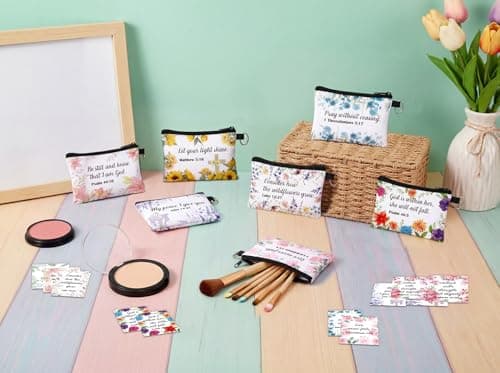 luck sea 20 Pcs Christian Gifts Bulk Makeup Bags with Floral Bible Verse Cards Cosmetic Pouch for Women Religious Church Mother's Day Supplies