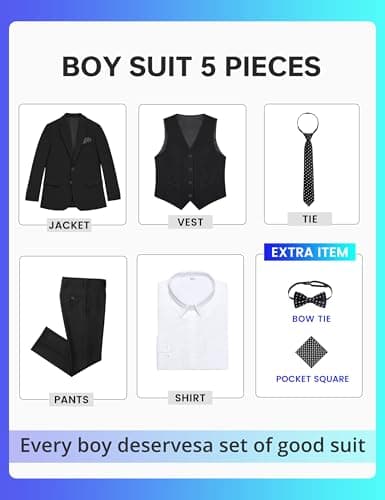Happy Dolphin Boy Suit Slim Fit 5 Pieces Kids Suit Boy Wedding Suit Communion Ring Bearer Suit for Boys Size 14 Tuxedos Outfit Boys' Black Suit Set Dress Clothes Teen Youth Adjustable Waist — view 2