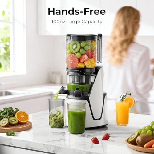 EanOruus Juicer Machines, 3-in-1 Cold Press Juicer with 6.5" Extra Large Chute, 100oz Large Capacity, AC Motor, Makes Juice, Nut Milk & Sorbet, Bright White — view 4
