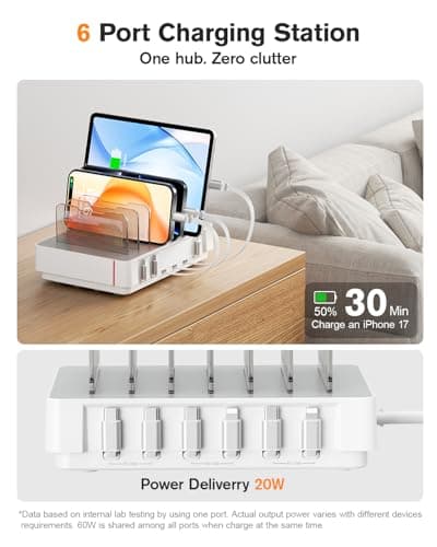 SooPii HomeHub H1 Charging Station for Multiple Devices with 6 Retractable Cables（4*C+2*IP）,60W PD Charger Station for iPhone/Tablet,Tangle-Free Charging Organizer (White) — view 4