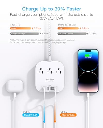 One Beat Power Strip with USB C, 3 Outlets 4 USB Ports, 10ft Braided Extension Cord, 22.5W Desktop Charging Station, Flat Plug, Non Surge Protector, Home Office Cruise Travel, ETL Listed, White — view 2