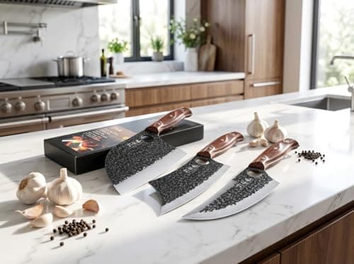 3PCS Butcher Knife Set, 7" Butcher Meat Cleaver, 7" Serbian Chef Knife and 6.5" Viking Knife, Hand Forged Kitchen Knife Set with Plastic Handle, Geat for Home, Camping, BBQ (Unique Finger Hole Design) — view 4