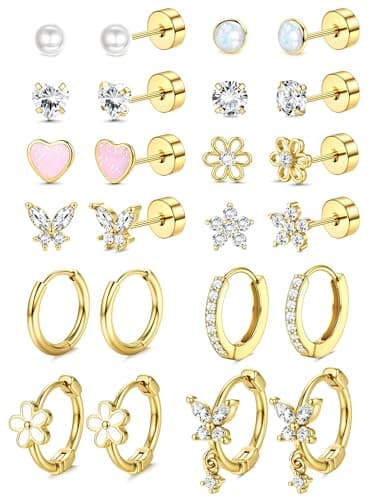 LOLIAS Hypoallergenic Flat Back Earrings for Women Girls-Cute Toddler Kids Teen Girls Earring Set-Surgical Steel Earrings for Sensitive Ears-14K Gold Plated Stainless Steel Flatback Studs Screw Back Small Hoop Cartilage Earring Stacks 14K Gold Plated Age Over 4 Years Old