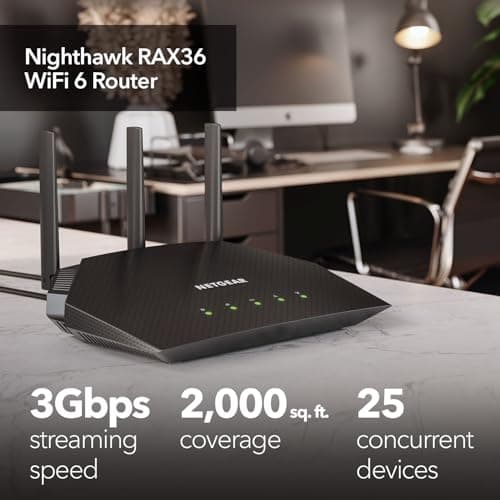NETGEAR Nighthawk WiFi 6 Router (RAX36) – Router Only, AX3000 3 Gbps Wireless Speed – Dual-Band Gigabit Internet – Covers 2,000 sq. ft., 25 Devices – Built-in VPN, USB 3.0, Gaming