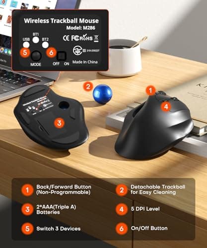 Ergonomic Wireless Trackball Mouse, 3 Device Connection (Bluetooth or 2.4G USB Receiver) Bluetooth Quiet Computer Mouse, 2*AAA Battery Thumb Laptop Mice with 5 Level DPI for PC/Laptop/Mac/Windows Blue — view 5