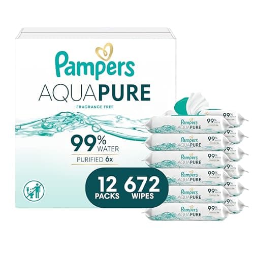 Pampers Aqua Pure Baby Wipes, 99% Water, Fragrance Free, Unscented, Water Based, Multi-Use, 672 Wipes Total (12X Flip-Top Packs) [Packaging May Vary]