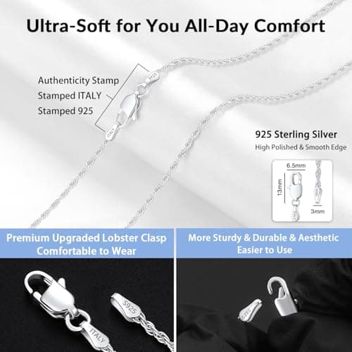 Jewlpire 925 Sterling Silver Chain Necklace for Women, 2MM Rope Chains Silver Chain for Women Classic & Sturdy Women's Chains Necklace, Sterling Silver Necklaces 18 Inch — view 2