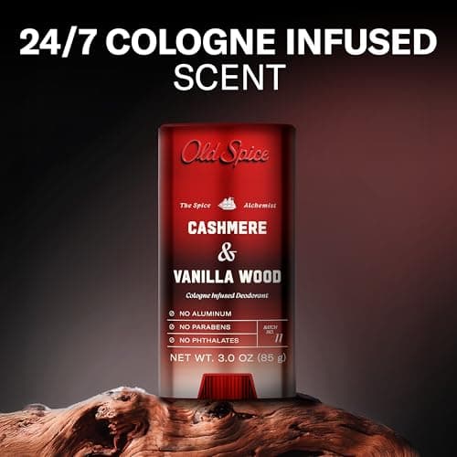 Old Spice Aluminum Free Deodorant for Men, The Spice Alchemist Collection, 24/7 Cologne Infused Scent, No Trade Off Formula, Free of Parabens & Phthalates, Cashmere + Vanilla Wood Scent, 3.0 oz