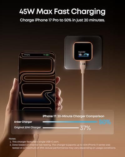 Anker Nano USB C Charger,45W USB C Charger Block with Smart Display,180°Foldable Plug,Smart Recognition,Built-in Care Mode,for iPhone17/16/15 (Non-Battery,One USB-C Port,No Cable Included) — view 2