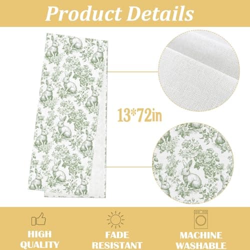 Heyfary Chinoiserie Easter Table Runner Toile de Jouy Vintage Green and White Bunny Spring Party Decoration Home Kitchen Dining Room Table Decor (Green, 13" x 72") — view 2