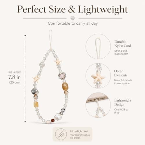 Beaded Phone Charm Strap with Shell and Starfish, Aesthetic Pearl Wrist Lanyard for Phone Case, Camera, Bag or Keychain, Cute Beach Vibes Accessory for Women & Girls — view 2