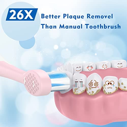 FUMEIKANG Kids Electric Toothbrushes 2 Pack Sonic Rechargeable Tooth Brush Gifts for Boys and Girls 3 4 5 6 7 8 9 10 11 12 (Purple+Pink) — view 2