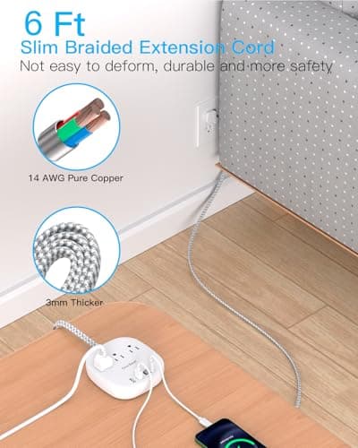 One Beat Flat Plug Power Bar with USB C, 6FT Ultra-Thin Extension Cord, 3 Outlet with 4 USB Ports (2 USB C) Desktop Charging Station, No Surge Protection for Cruise Ship, Travel Essentials, Dorm Room — view 4