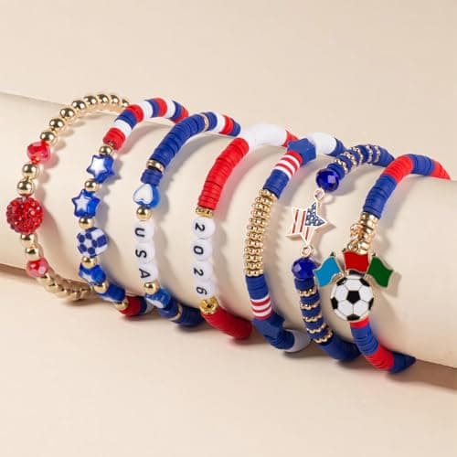 LAVORYNA 2026 Soccer Fan Gear Bracelet Set For Women Souvenirs, National Flag & Soccer Charms Heishi Bead Jewelry Outfits Clothes Styling Accessories For Party Gifts - USA