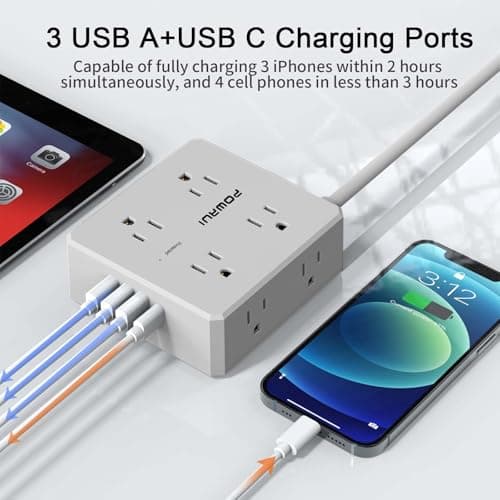 Surge Protector Power Strip - 6 Ft Flat Plug Extension Cord with 8 Widely Outlets and 4 USB Ports(1 USB C), 3 Side Outlet Extender for Home Office, Grey, ETL Listed — view 2