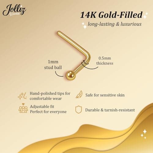 14K Gold Filled L Shaped Nostril Stud for Women Dainty 24G Micro Ball Design Comfortable Minimal Body Jewelry Lightweight Gold Filled Nose Accessory for Everyday Wear — view 2