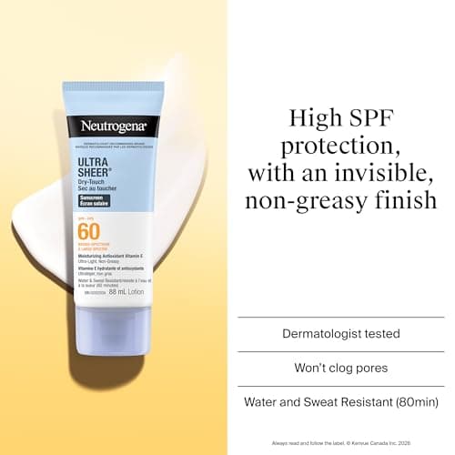 Neutrogena Ultra Sheer Dry Touch Sunscreen Lotion SPF 60 Broad Spectrum UVA UVB Protection Lightweight Water Resistant up to 80 Minutes Oil PABA Oxybenzone Free, 88mL