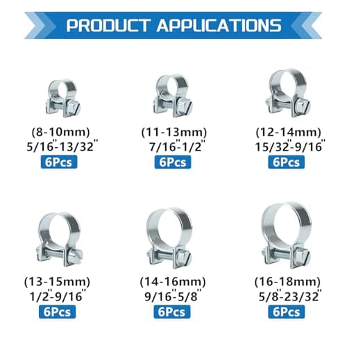 JTAREA 36PCS 8-18MM Fuel Injection Hose Clamps Assortment Kit 6Values 5/16"-23/32" Gas Line Clamps Clip Pipe Clamp for Automotive Diesel Petrol Pipes