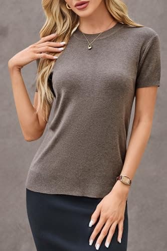 Arach&Cloz Women's Fashion Fall Spring Tops Vacation Cruise Outfits Summer Short Sleeve Sweaters Blouse Teacher Easter Clothing Business Casual Dressy Trendy 2026 (Coffee,M) — view 5