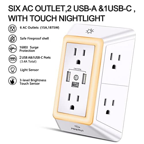 POWRUI Multi Plug 6 Outlet Surge Protector Extender with 3 USB Ports (1 USB C) and Night Light, 3-Sided Power Strip with Adapter Spaced Outlets, ETL Listed, White