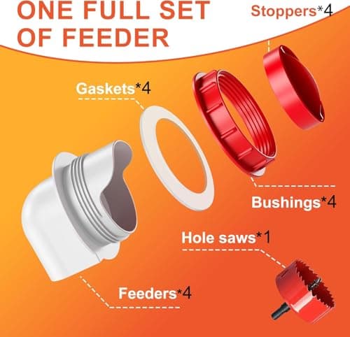 ZenxyHoC Chicken Feeders No Waste, DIY Automatic Poultry Feeder 4 Ports 1 Hole Saw with Covers Gravity Feed Kit for Buckets Barrels Bins Troughs — view 4