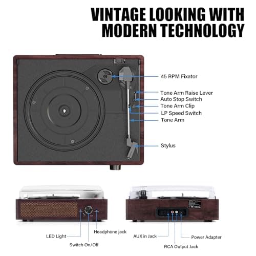 Vinyl Record Player Turntable with Built-in Bluetooth Receiver & 2 Stereo Speakers, 3 Speed 3 Size Portable Retro Record Player for Entertainment and Home Decoration