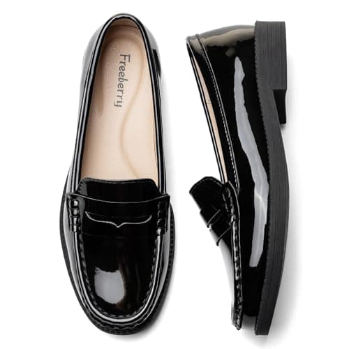 Freeberry Women's Comfortable Leather Penny Loafers Slip On Business Casual Dress Shoes Lightweight Office Work Flats Everyday Walking Shoes for Women, Black Patent, 7.5 M US — view 6