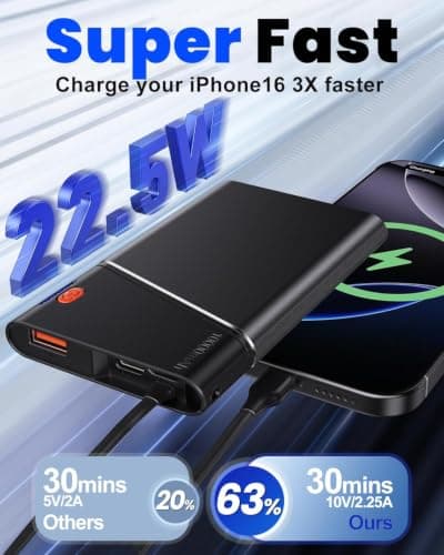 Aaoyun 10000mAh Portable Power Bank, 22.5W PD Fast Charging Battery Pack with Built-in USB-C Cable, Ultra-Slim External Phone Charger for iPhone 17/16/15, Samsung Galaxy S24, Android (Grey)