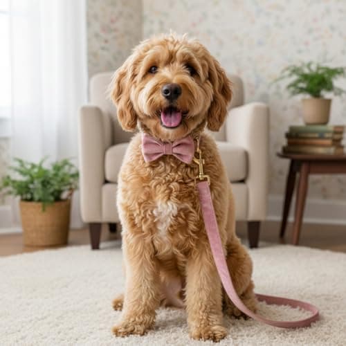 PETDURO Custom Dog Collar Personalized with Name Engraved Gold Metal Buckle for Large Medium Small Female Girl Dogs - Dog Leash and Bow Tie Set Available - Soft Comfy Velvet (Champagne Pink, S) — view 2