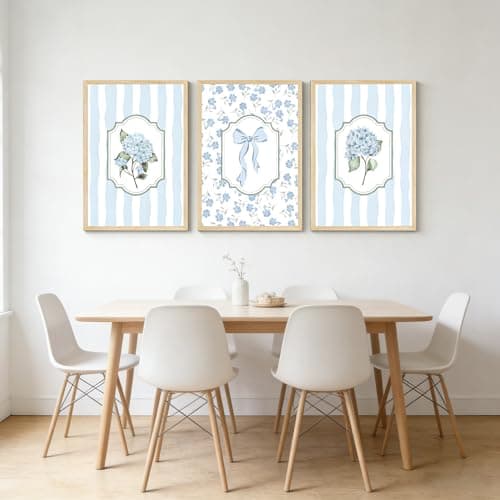 3Pcs Blue Hydrangea Wall Art Trendy Light Blue Striped Watercolor Bow Coquette Pictures Wall Decor Coastal Flower Botanical Aesthetic Posters Prints for Girls Bedroom Dorm Apartment Unframed 12x16in — view 5