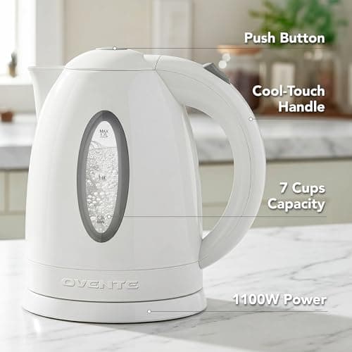 OVENTE Electric Kettle, 1.7L Fast Boiling Water Heater for Coffee or Tea, BPA Free with Water Level Gauge, Auto Shut-Off, Boil-Dry Protection, Indicator Light and Removable Filter, White KP72W