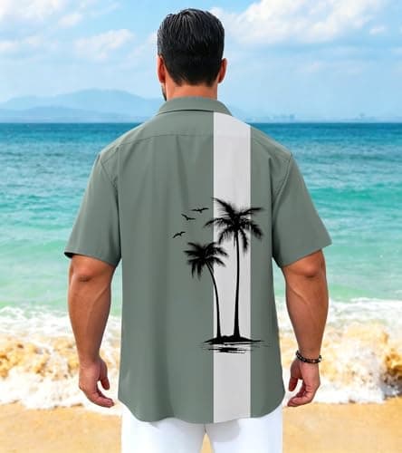 ACOCOPY Mens Shirts Green Hawaiian Casual Button Up Shirts with Short Sleeves Palm Tree Print Quick Dry Beach Shirts Size L — view 3
