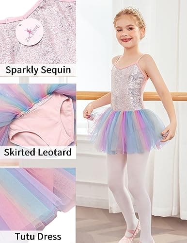 Zaclotre Girls Sequin Leotard Sparkly Strap Ballet Skirted Leotards Tutu Dress Ballerina Outfit Dance Costume Rainbow Size 4-5T — view 4
