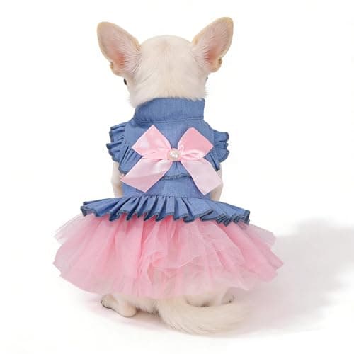 SIMCAPY Dog Dress, Fashion Puppy Tutu Princess Dresses for Small Dogs Girl, Sweet Skirt with Dog Bowknot Clips, Spring Dog Cat Clothes Pet Apparel (Denim Princess Dress, Small) — view 2