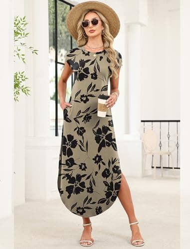 WIHOLL Cap Sleeve Crewneck Tshirts Maxi Dresses for Women 2026 Elegant Classy Floral Dress with Pockets Spring Dresses Work Teacher Outfits Vacation Resort Wear L — view 3