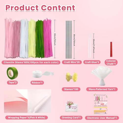 600 PCS Pipe Cleaners Craft, 6 Colors Pipe Cleaner Bulk Flower Kit, Chenille Stems Bulk with Floral Wires, Gardening Tape, Stamen, Wrapping Paper & Ribbon, DIY Art and Craft Supplies - Pink Gradient — view 2