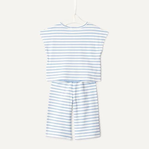 Amazon Essentials Unisex Babies x Sofia Grainge Baby Girl and Toddlers Cotton Pique Short Sleeve T-Shirt & Pants Set, Blue Uneven Thin Stripe, 2T — view 4