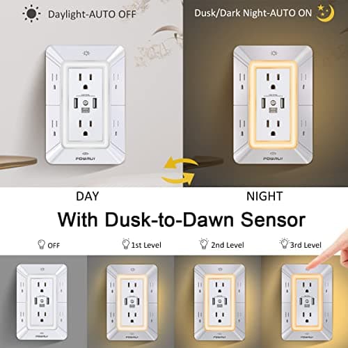 POWRUI Multi Plug 6 Outlet Surge Protector Extender with 3 USB Ports (1 USB C) and Night Light, 3-Sided Power Strip with Adapter Spaced Outlets, ETL Listed, White — view 3