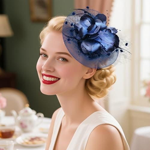 Haakong 20s Fascinators Hat for Women Tea Party Headpiece Mesh Feathers Hair Clip for Bridal Wedding (Dark Blue) — view 4