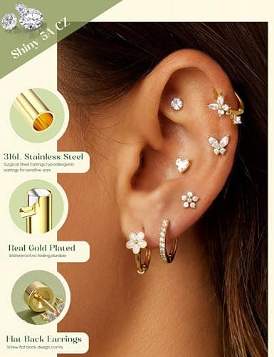 LOLIAS Hypoallergenic Flat Back Earrings for Women Girls-Cute Toddler Kids Teen Girls Earring Set-Surgical Steel Earrings for Sensitive Ears-14K Gold Plated Stainless Steel Flatback Studs Screw Back Small Hoop Cartilage Earring Stacks 14K Gold Plated Age Over 4 Years Old — view 3