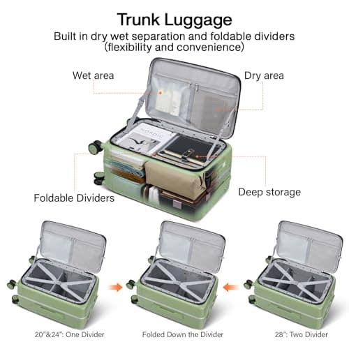 Hanke 28 Inch Checked Luggage with Cup Holder and USB Ports, Top Opening Hard Shell Suitcase with Wheels, Aluminum Frame Large Trunk Luggage with Foldable Divider & TSA Lock for Travel, Bamboo Green — view 3